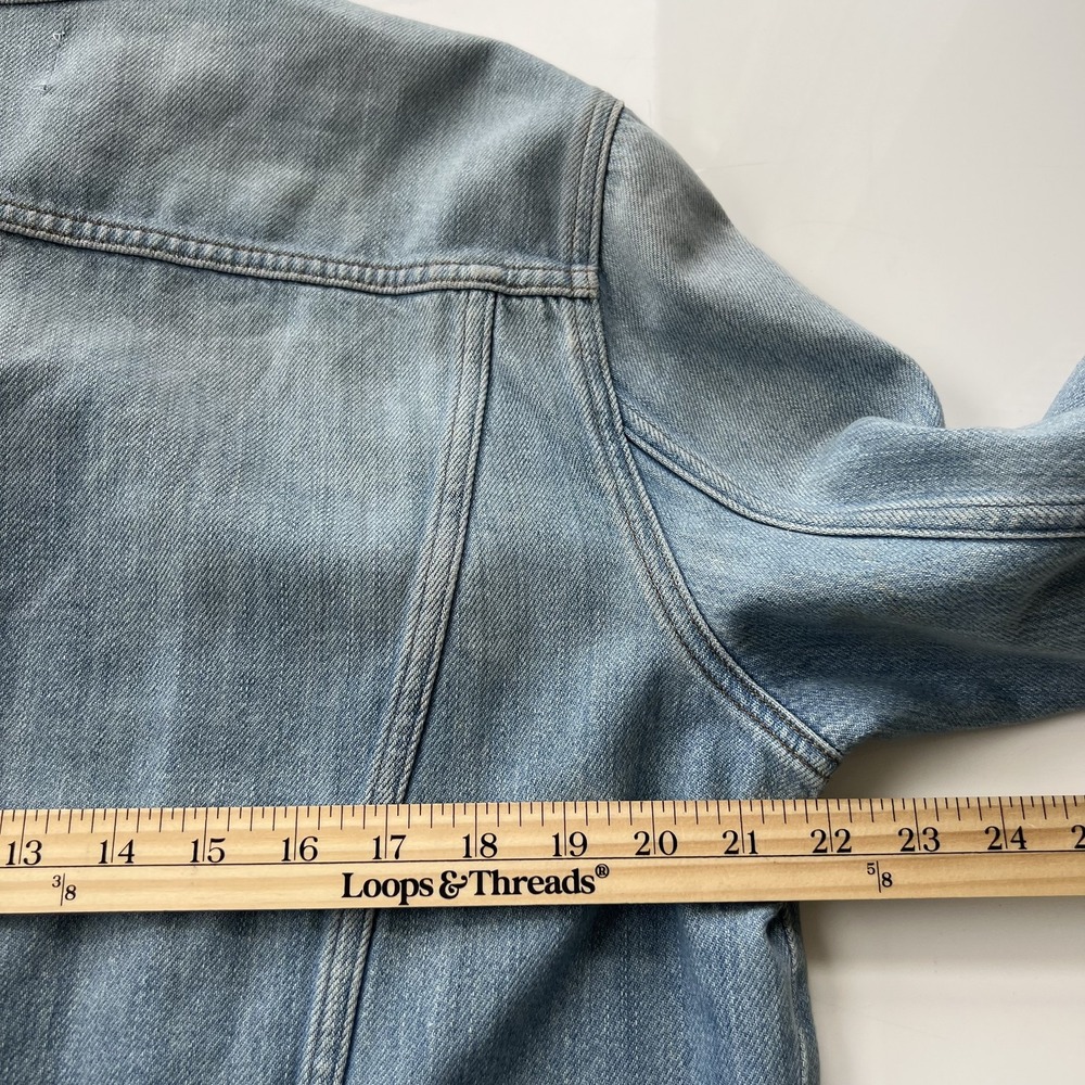 Frame Embroidered Cuffed Jean Jacket Denim Rydell Ave Logo Light Womens Sz Large - Picture 15 of 16